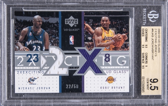 2002-03 UD Glass "2 Exciting Jerseys" #2X-MJ/KB Michael Jordan/Kobe Bryant Game Worn Jersey Patch Card (#22/50) – BGS GEM MINT 9.5